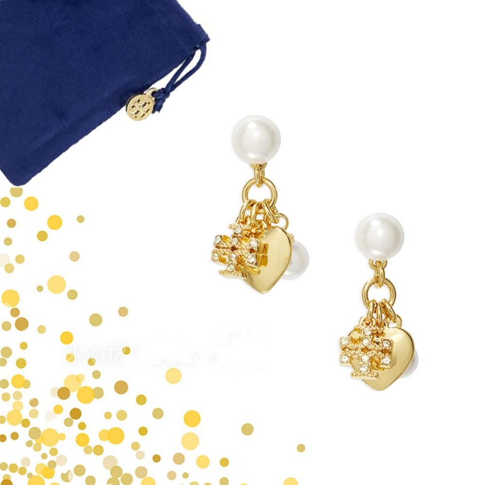 Tory Burch Crystal/Faux Pearl Heart Charm Dangle/Drop Earrings